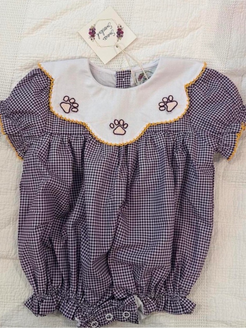 LSU Purple Gingham Baby Bubble Romper with Paw Appliqué